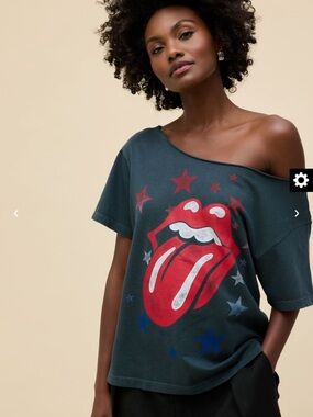 Daydreamer Rolling Stones Black Tee with Red Stars and White Tongue Graphic